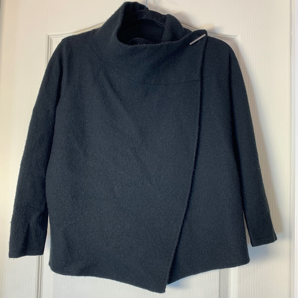 Tahari‎ Merino Wool Blend Black Wrap Sweater Asymmetrical Collar M Office